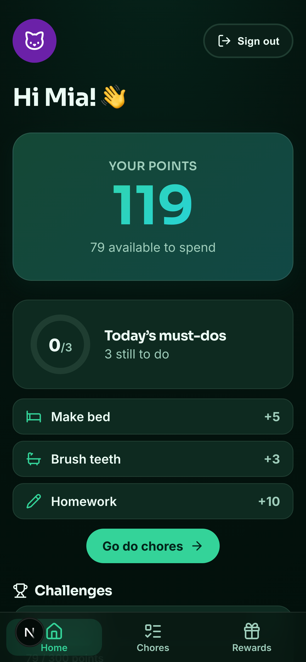 A kid's Pointsy home screen with a big points balance, today's chores, challenges and a savings goal