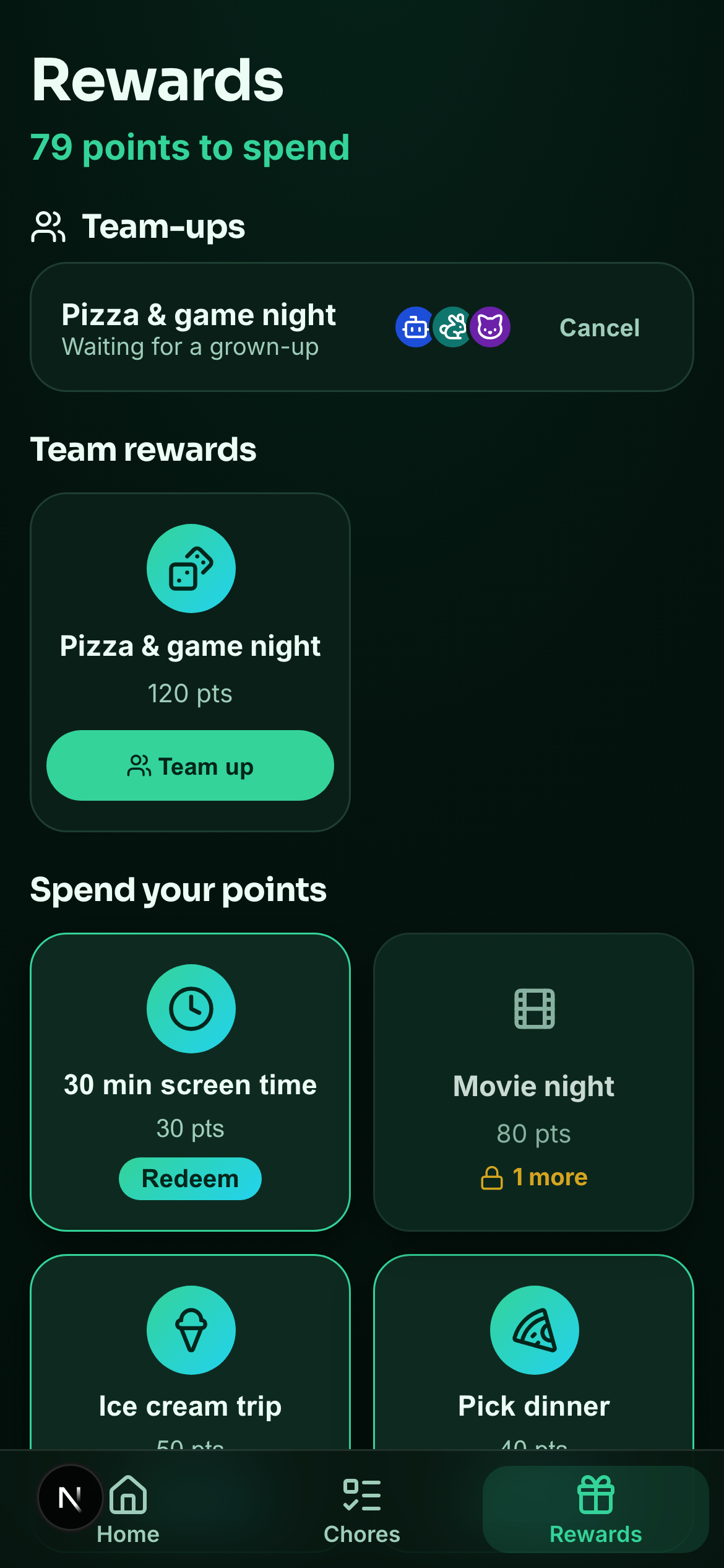 Kid rewards screen with team-up and redeemable rewards