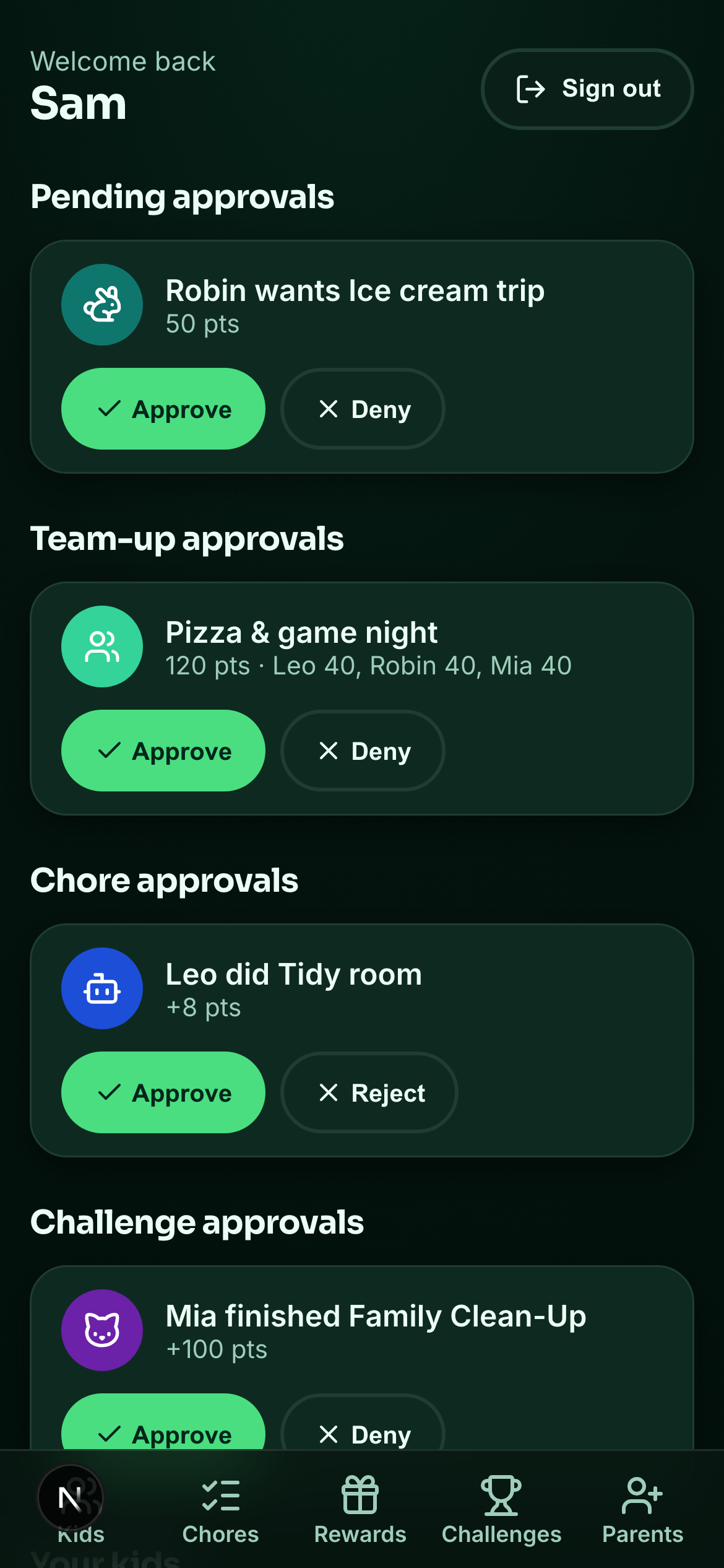 Pointsy parent dashboard showing pending approvals, team-up approvals and each kid's points balance